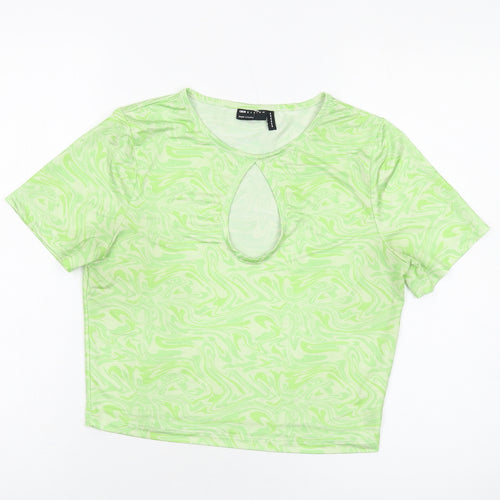 ASOS Womens Green Geometric Polyester Cropped T-Shirt Size 14 Round Neck