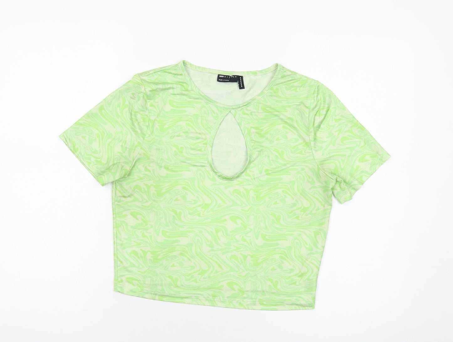 ASOS Womens Green Geometric Polyester Cropped T-Shirt Size 14 Round Neck