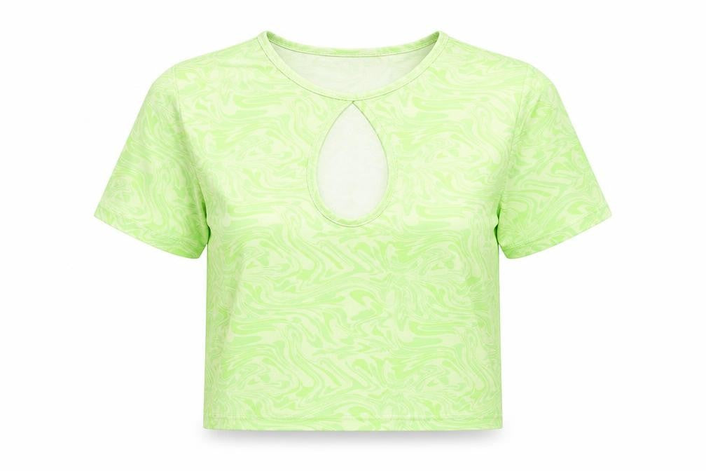 ASOS Womens Green Geometric Polyester Cropped T-Shirt Size 14 Round Neck