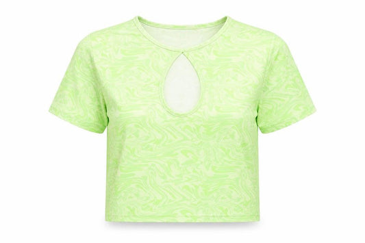 Front view of ASOS women’s green geometric polyester cropped t-shirt, size UK 14, round neck