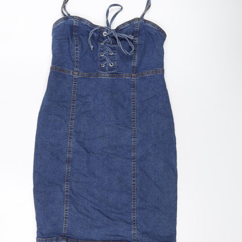 Denim & Co. Womens Blue Cotton Mini Size 8 Sweetheart Zip