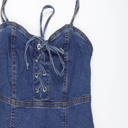 Denim & Co. Womens Blue Cotton Mini Size 8 Sweetheart Zip