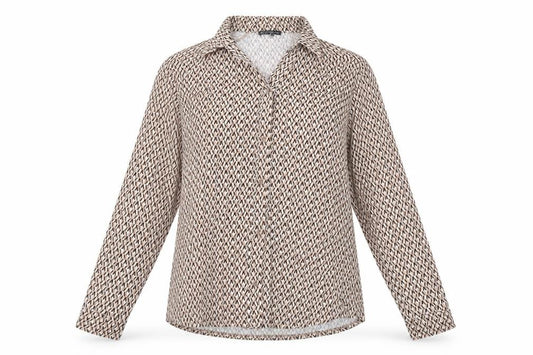 Front view of Adrainna Papell women’s pink geometric polyester basic blouse, size L, collared