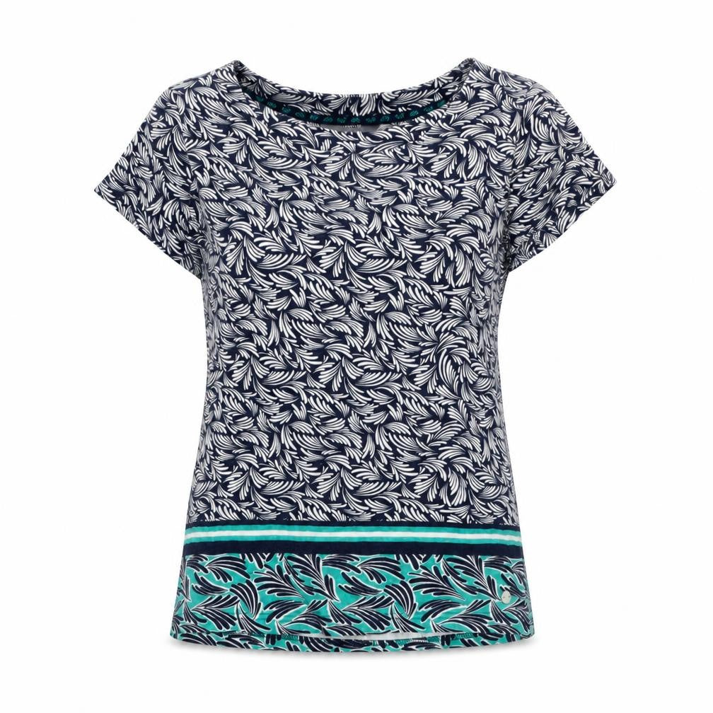Front view of Maine New England women’s blue geometric cotton basic t-shirt, size UK 12, round neck