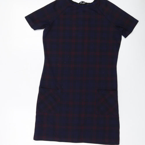 New Look Womens Blue Plaid Polyester A-Line Size 8 Round Neck Pullover