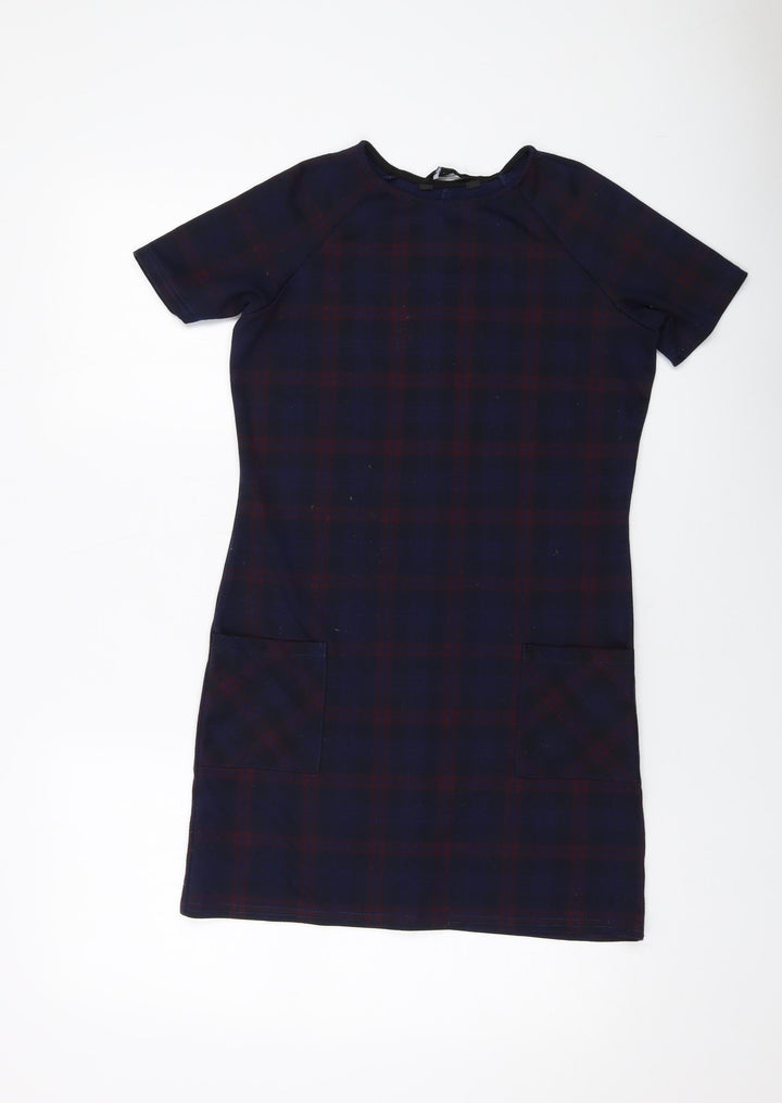 New Look Womens Blue Plaid Polyester A-Line Size 8 Round Neck Pullover
