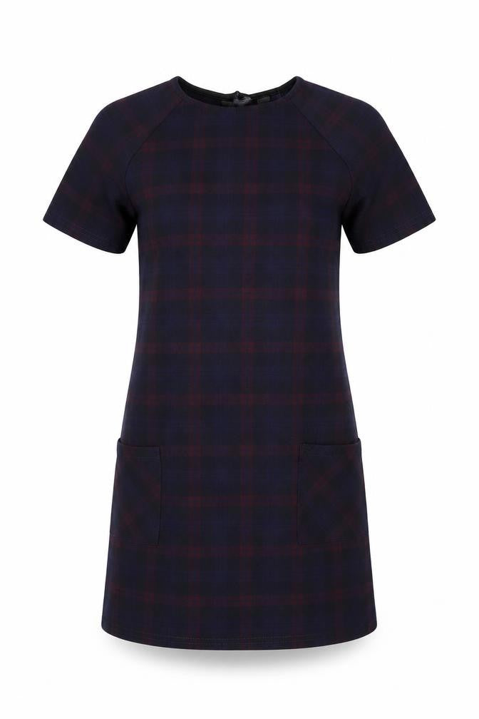 Front view of New Look women’s blue plaid polyester a-line, size UK 8, round neck pullover