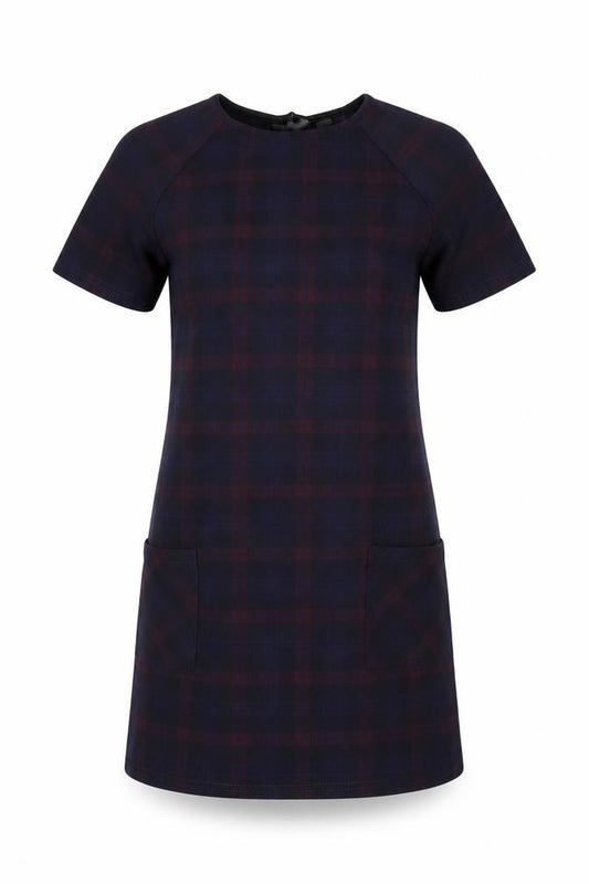 Front view of New Look women’s blue plaid polyester a-line, size UK 8, round neck pullover