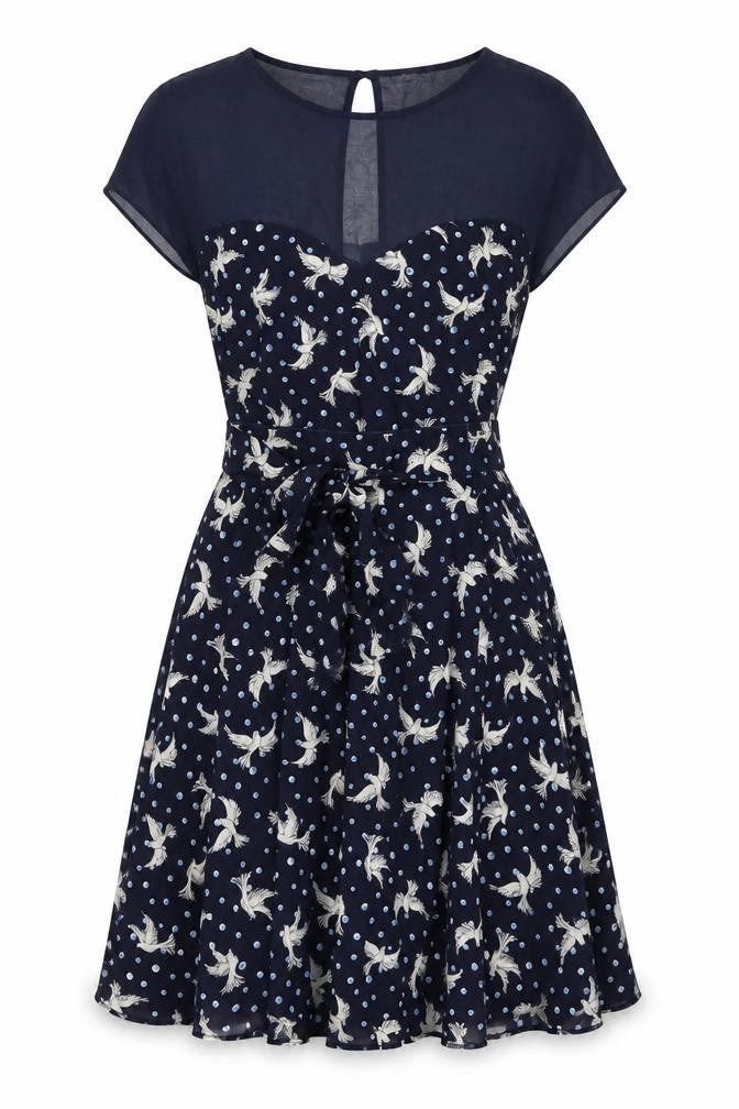 Front view of M&Co women’s blue geometric polyester a-line, size UK 8, round neck button