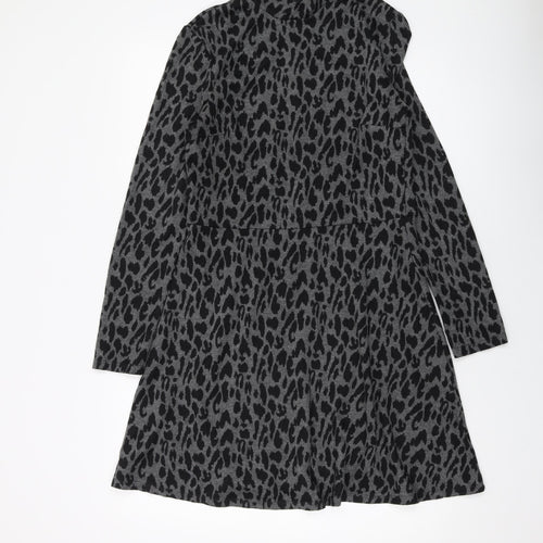 Warehouse Womens Grey Animal Print Polyester A-Line Size 12 Mock Neck Button