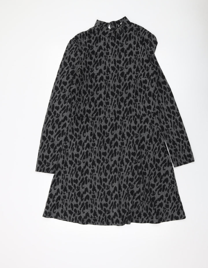 Warehouse Womens Grey Animal Print Polyester A-Line Size 12 Mock Neck Button