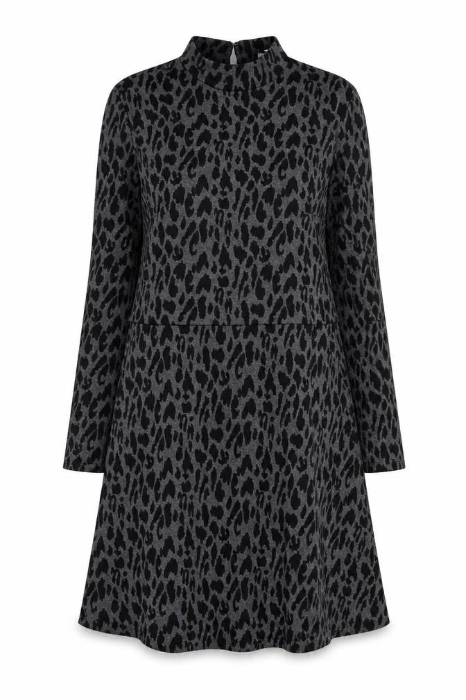 Front view of Warehouse women’s grey animal print polyester a-line, size UK 12, mock neck button