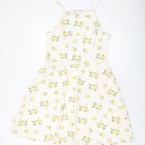 Lew Look Womens Ivory Floral Polyester Skater Dress Size 14 Square Neck Pullover
