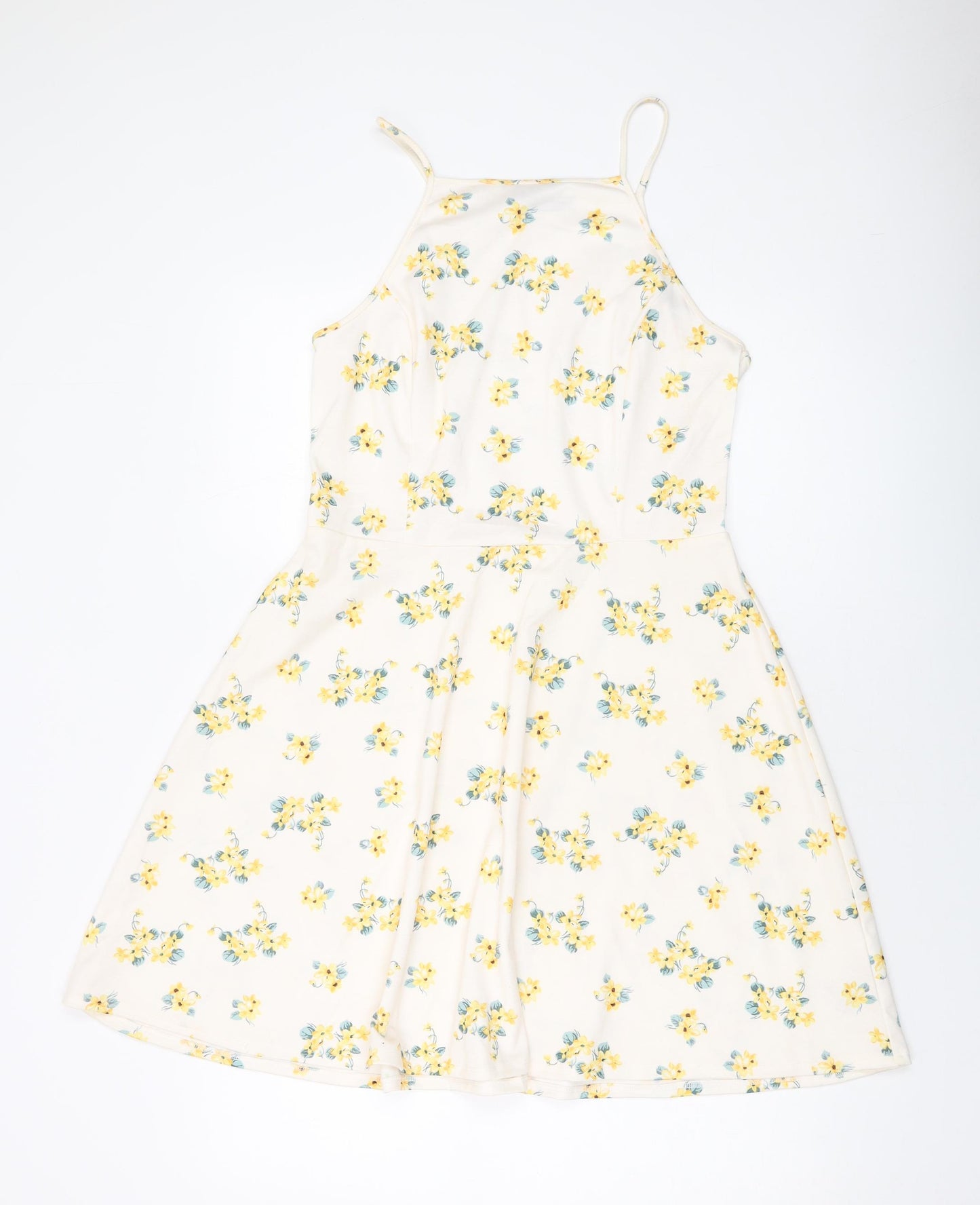 Lew Look Womens Ivory Floral Polyester Skater Dress Size 14 Square Neck Pullover