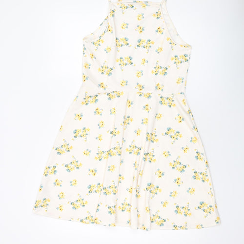 Lew Look Womens Ivory Floral Polyester Skater Dress Size 14 Square Neck Pullover