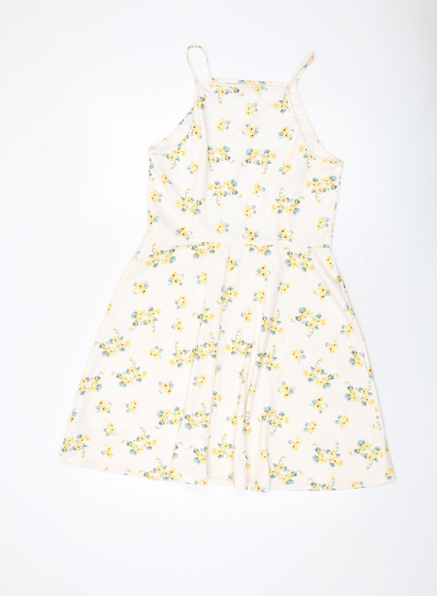 Lew Look Womens Ivory Floral Polyester Skater Dress Size 14 Square Neck Pullover
