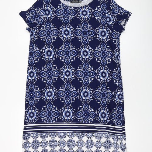 Boohoo Womens Blue Geometric Polyester A-Line Size 14 Round Neck Pullover