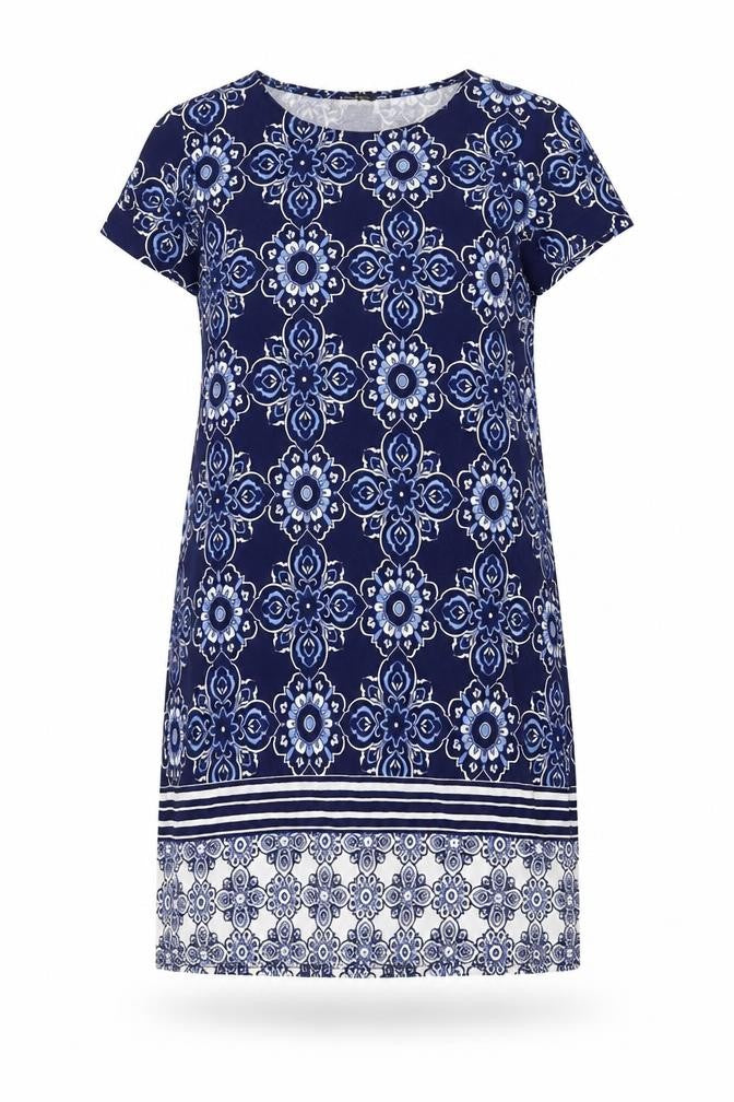 Front view of Boohoo women’s blue geometric polyester a-line, size UK 14, round neck pullover