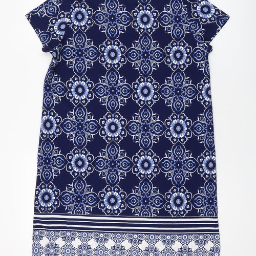 Boohoo Womens Blue Geometric Polyester A-Line Size 14 Round Neck Pullover