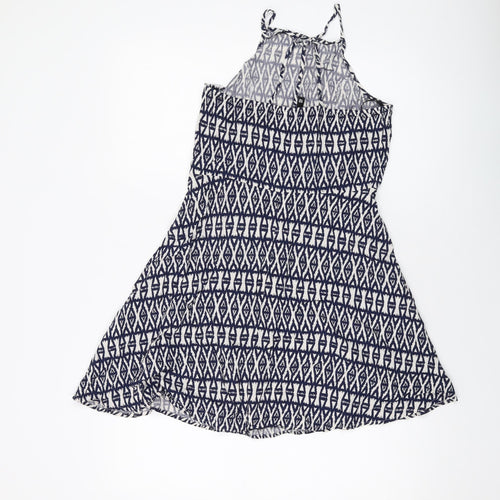 H&M Womens Black Geometric Viscose Skater Dress Size 12 Square Neck Zip