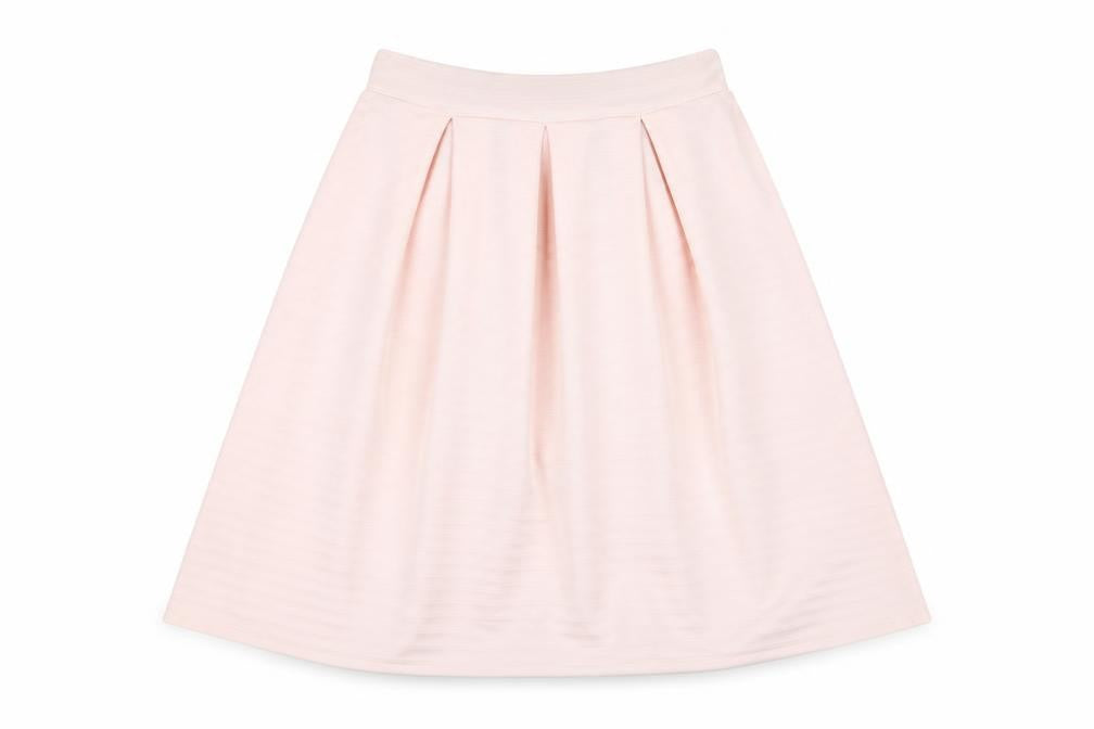 Front view of Miss Selfridge women’s pink polyester a-line skirt, size UK 8