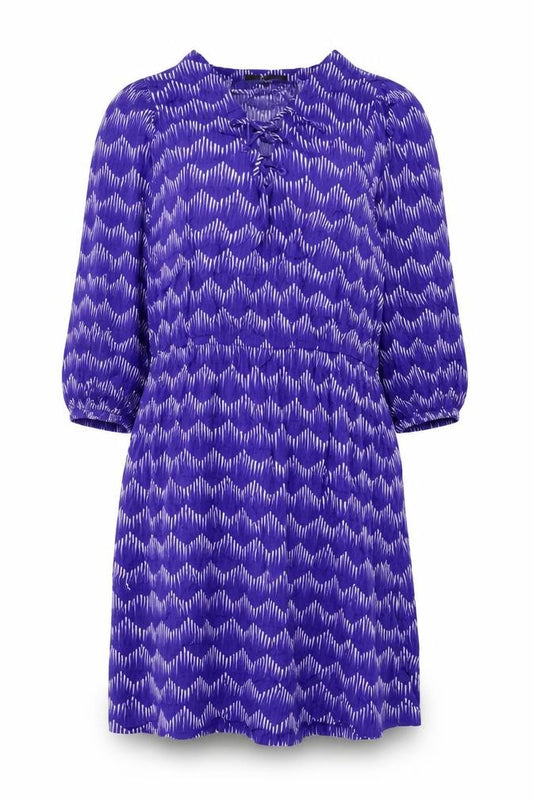 Front view of Next women’s blue geometric viscose a-line, size UK 12, v-neck tie