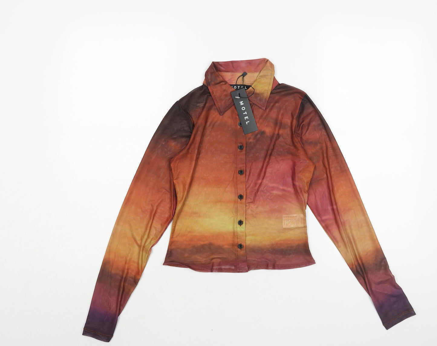 Motel Womens Multicoloured Polyester Basic Button-Up Size XS Collared - Sunset Ombre Semi Sheer