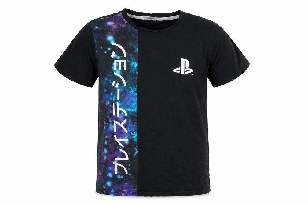 Front view of PlayStation boys’ black cotton basic t-shirt, size 11-12, years crew neck pullover - logo text print