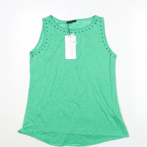 CPM Womens Green Animal Print Cotton Camisole Blouse Size 14 Round Neck - Rhinestone Detail Semi Sheer Leopard