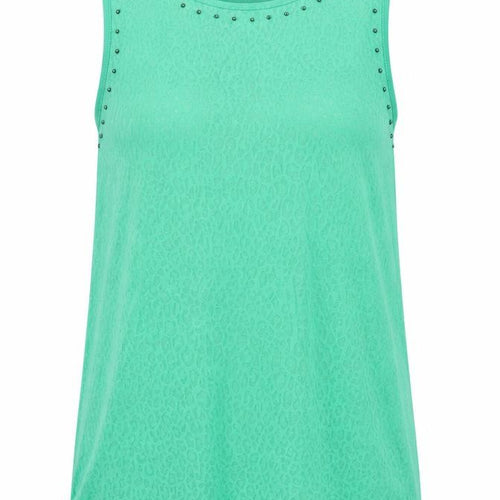 CPM Womens Green Animal Print Cotton Camisole Blouse Size 14 Round Neck - Rhinestone Detail Semi Sheer Leopard