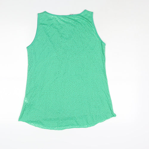 CPM Womens Green Animal Print Cotton Camisole Blouse Size 14 Round Neck - Rhinestone Detail Semi Sheer Leopard