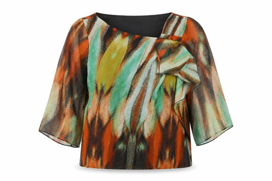 Front view of Per Una women’s multicoloured geometric polyester basic blouse, size UK 12, round neck - waterfall frill
