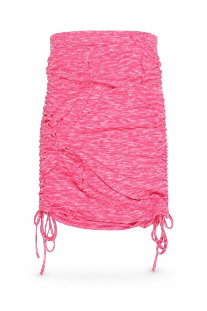 Front view of Missy Empire women’s pink polyester bandage skirt, size UK 8, - adjustable hem drawstring rouched