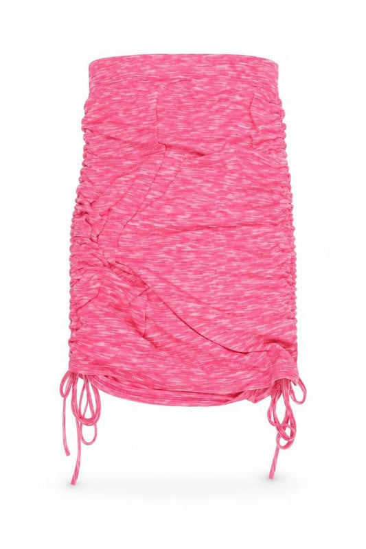 Front view of Missy Empire women’s pink polyester bandage skirt, size UK 8, - adjustable hem drawstring rouched