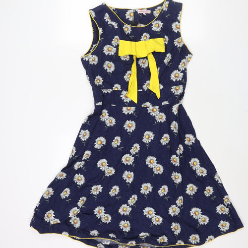 Trollied Dolly Womens Blue Floral Polyester A-Line Size L Round Neck Zip - Bow