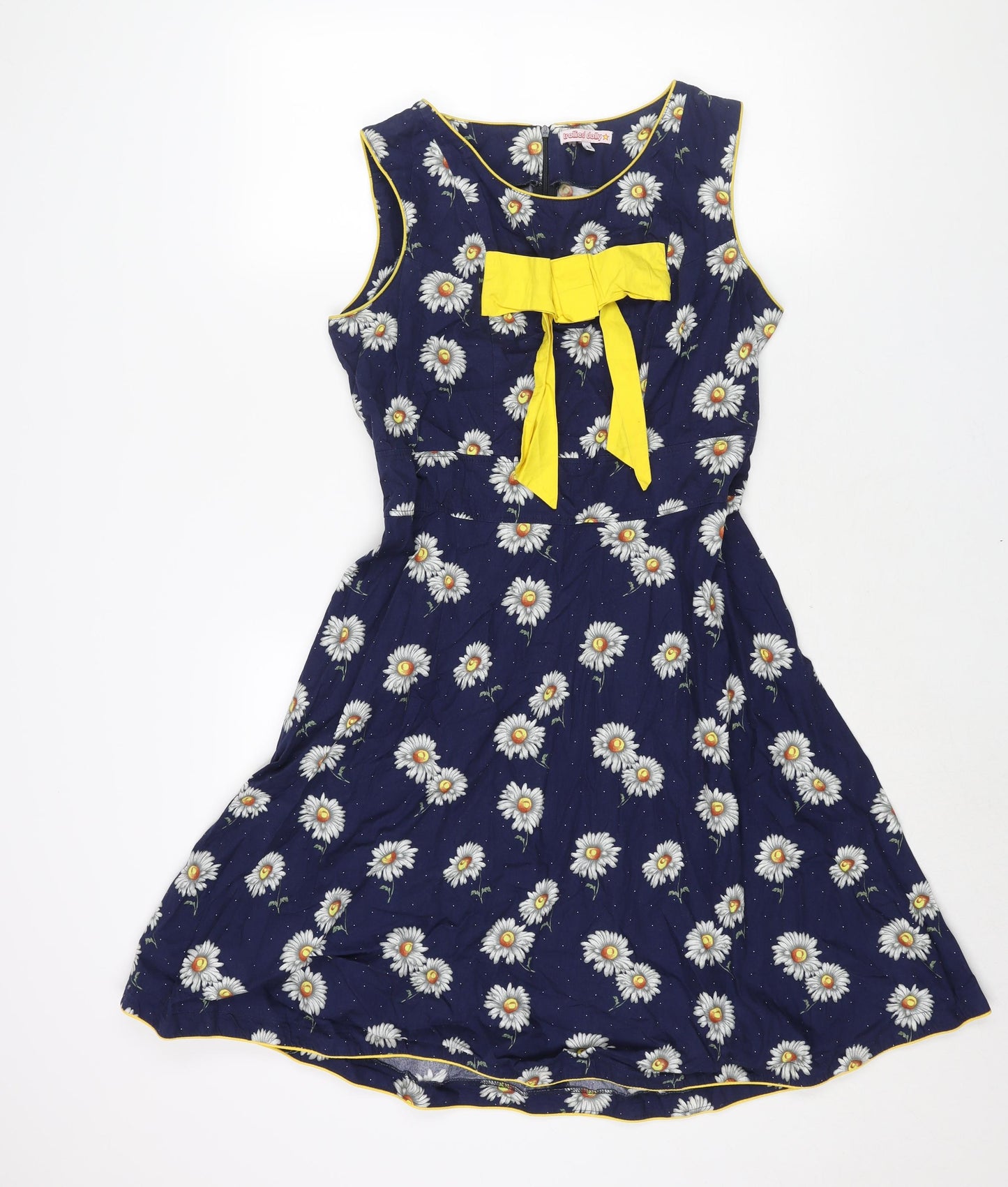 Trollied Dolly Womens Blue Floral Polyester A-Line Size L Round Neck Zip - Bow