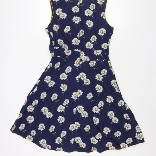 Trollied Dolly Womens Blue Floral Polyester A-Line Size L Round Neck Zip - Bow