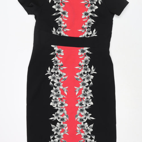 David Emmanuel Womens Black Polyester Shift Size 12 Round Neck Zip - Floral Panel Print