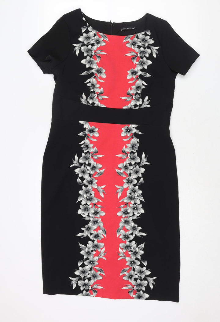 David Emmanuel Womens Black Polyester Shift Size 12 Round Neck Zip - Floral Panel Print
