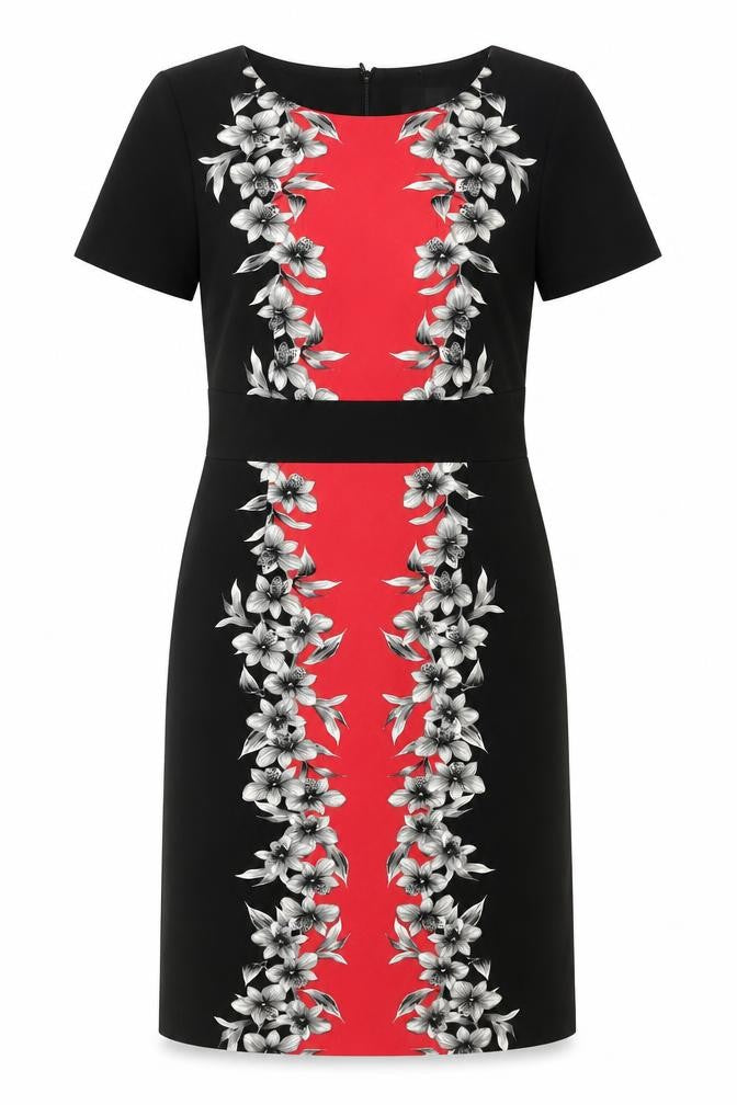 Front view of David Emmanuel women’s black polyester shift, size UK 12, round neck zip - floral panel print