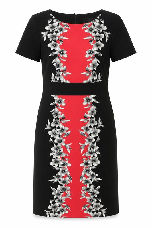 Front view of David Emmanuel women’s black polyester shift, size UK 12, round neck zip - floral panel print