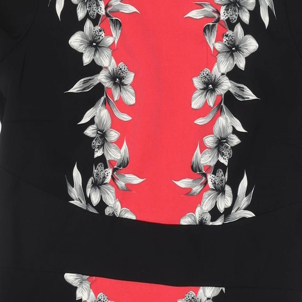 David Emmanuel Womens Black Polyester Shift Size 12 Round Neck Zip - Floral Panel Print