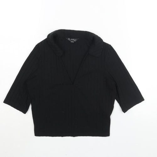 Miss Selfridge Womens Black Polyester Cropped Blouse Size 10 Collared - Ribbed