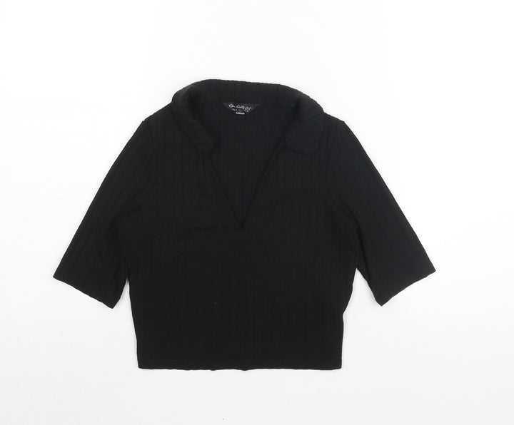 Miss Selfridge Womens Black Polyester Cropped Blouse Size 10 Collared - Ribbed