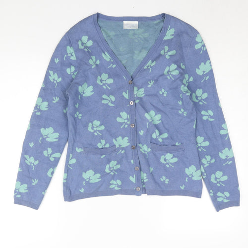 Cotswold Collections Womens Blue V-Neck Geometric Cotton Cardigan Jumper Size S - Floral Print