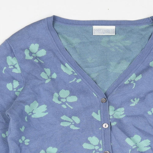Cotswold Collections Womens Blue V-Neck Geometric Cotton Cardigan Jumper Size S - Floral Print