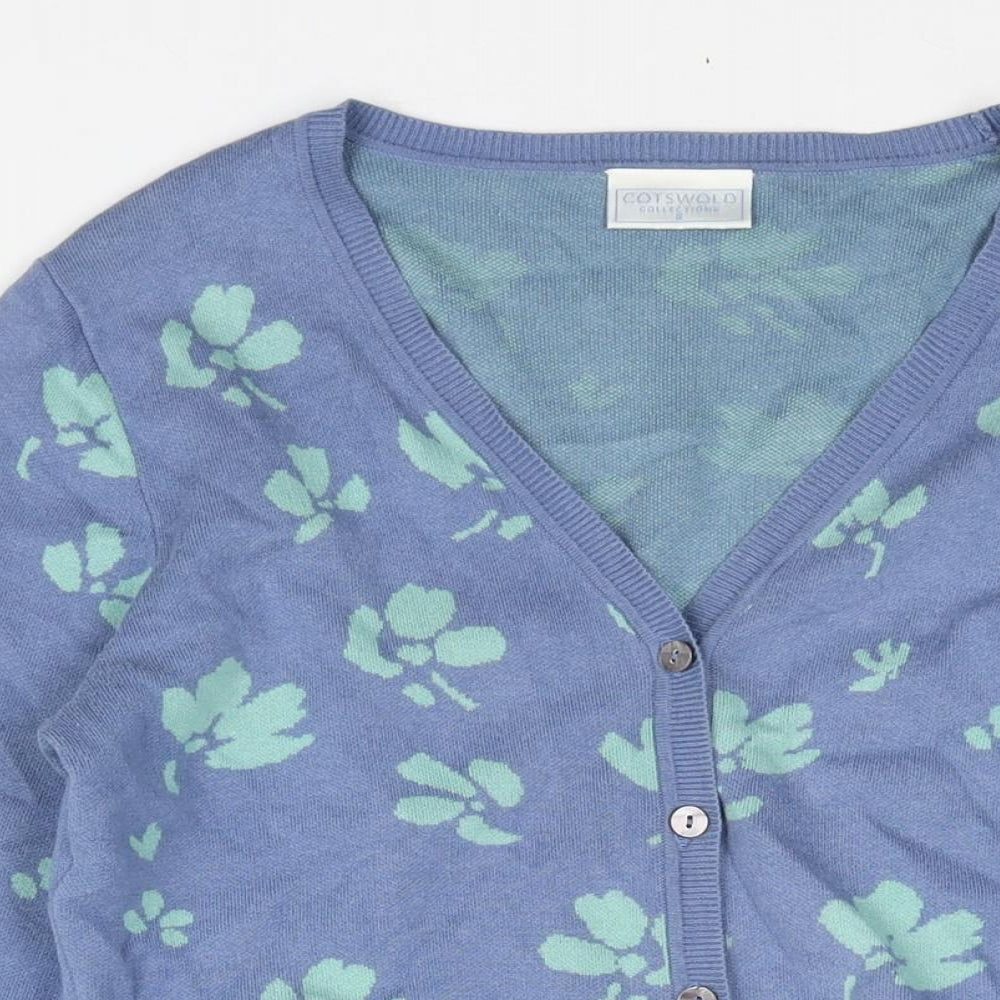 Cotswold Collections Womens Blue V-Neck Geometric Cotton Cardigan Jumper Size S - Floral Print