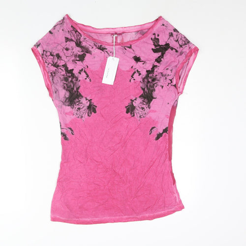 Via Delle Rose Womens Pink Polyester Basic Blouse Size S Boat Neck - Rose Print Panel Detail