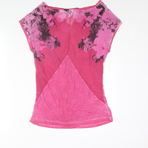 Via Delle Rose Womens Pink Polyester Basic Blouse Size S Boat Neck - Rose Print Panel Detail