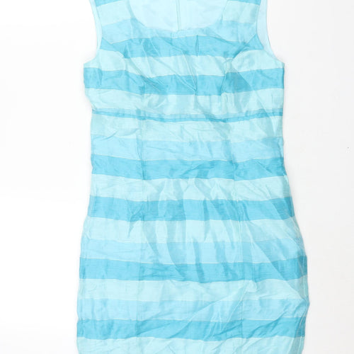 Minuet Womens Blue Striped Linen Pencil Dress Size 8 Scoop Neck Zip